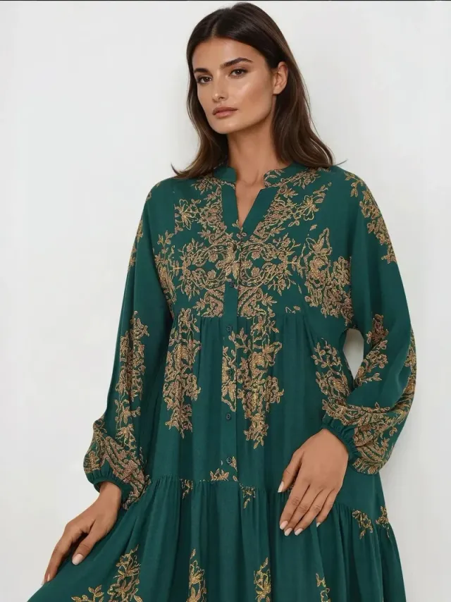 Viscose Long Sleeve Printed Maxi Dress