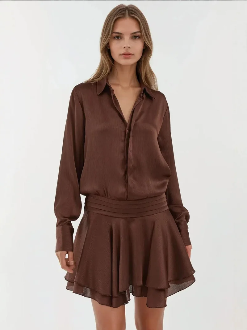 Ruffle Long Sleeve Shirt Collar Mini Dress