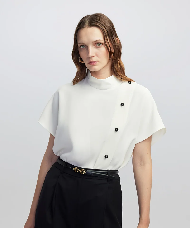 High-Neck Contrast Button Blouse