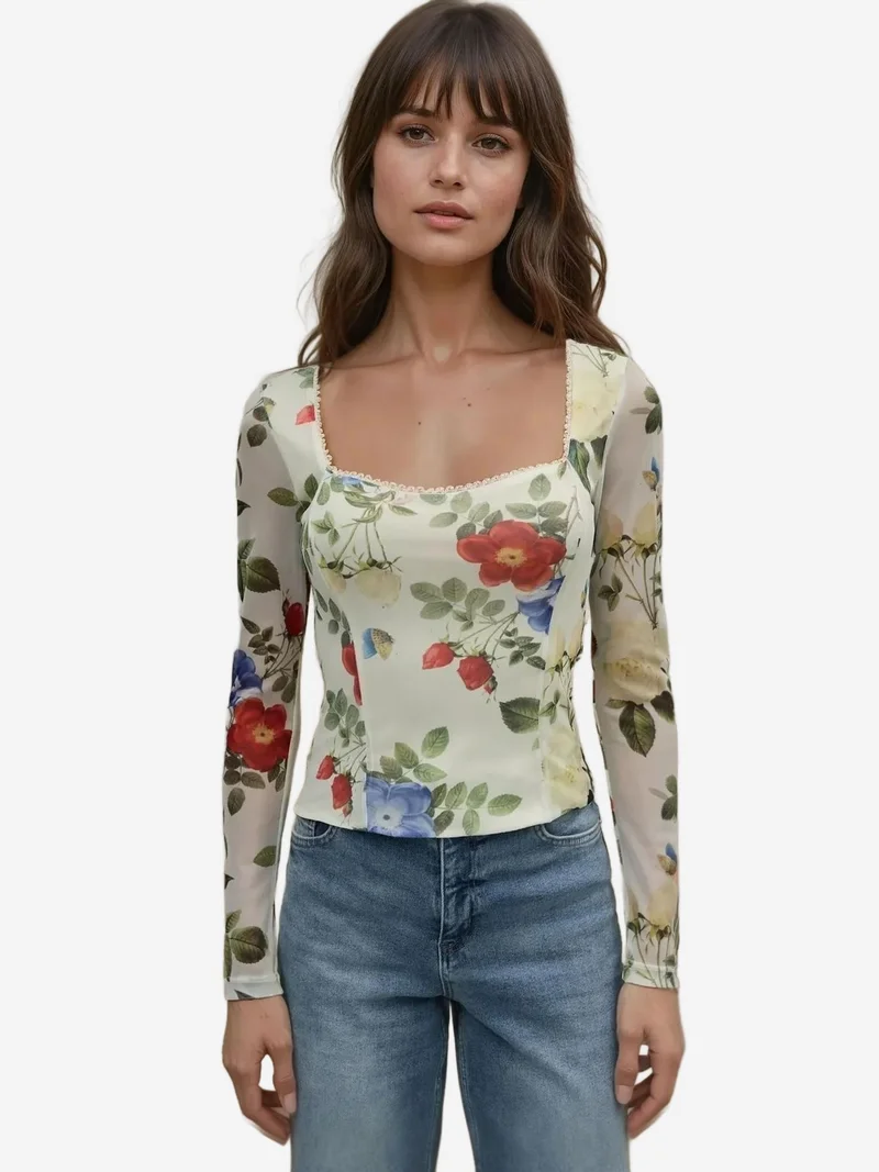 Heart Collar Printed Long Sleeve Top