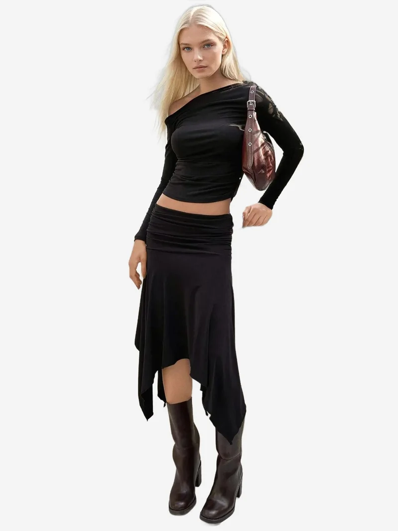 Draped Asymmetrical Midi Skirt
