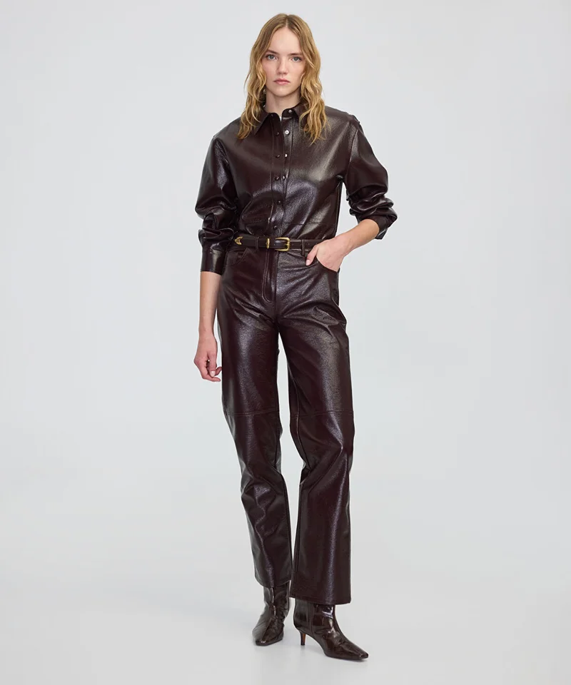 Faux Patent Leather Straight-Leg Trousers
