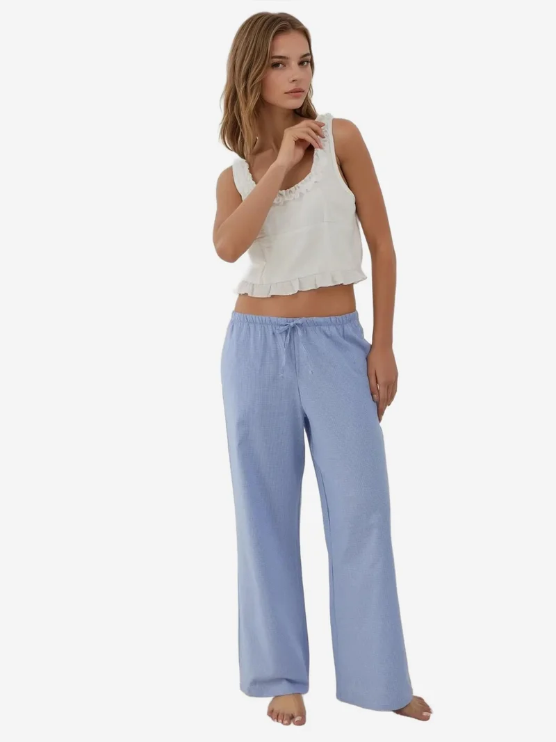 Heart Detail Wide Leg Plaid Lounge Pants