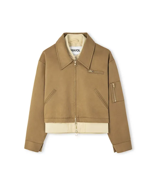 Women's Khaki Checkered Polo Coat with Metal Zip Closure – image 6