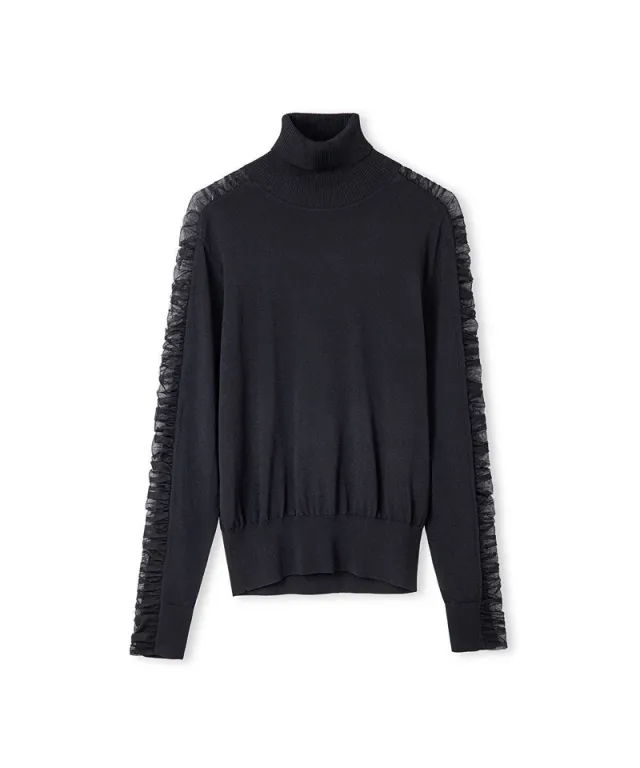 Black Roll Neck Fitted Knit Top with Draped Tulle Sleeves – image 6