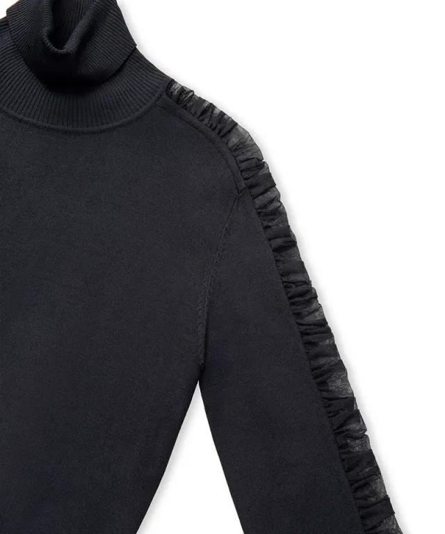 Black Roll Neck Fitted Knit Top with Draped Tulle Sleeves – image 7