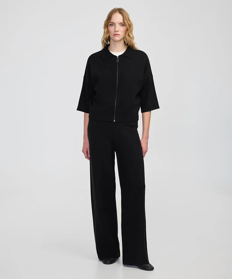 Wide-Leg Knit Trousers Elastic Waist