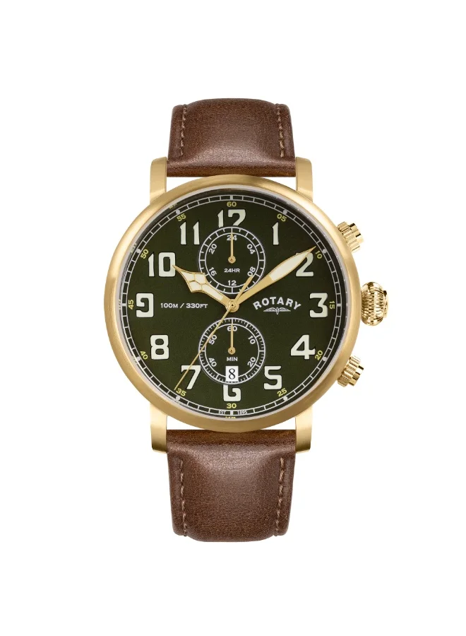 Rotary Heritage Pilot Gold Stainless Steel Brown Leather 100M Watch Brown