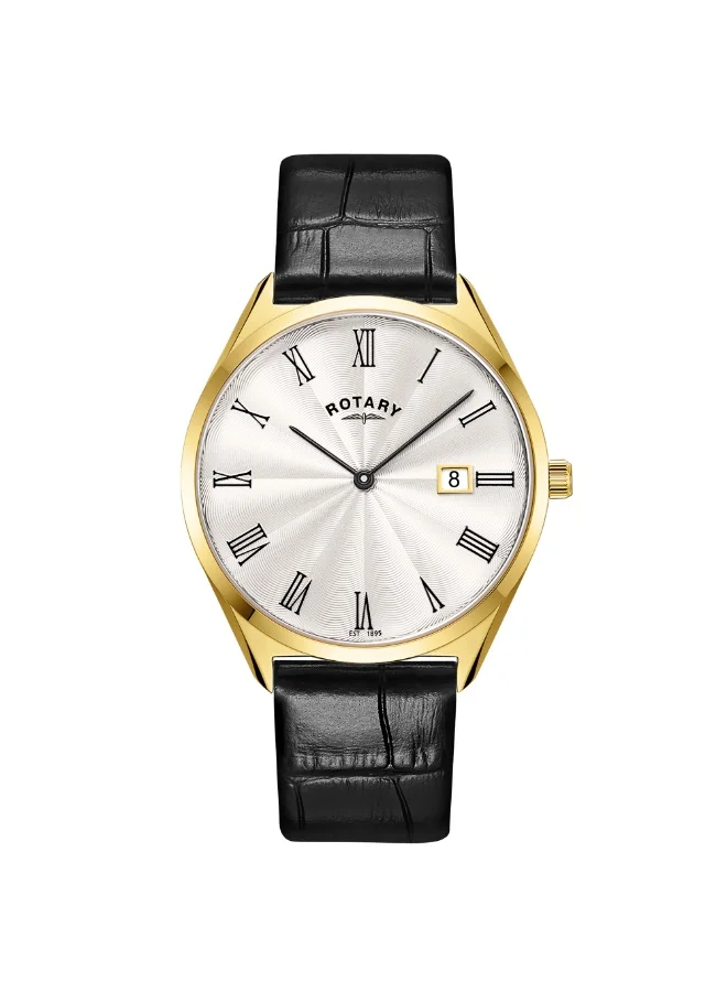Rotary Men's Ultra Slim Gold Plated Steel Leather Strap Watch Black