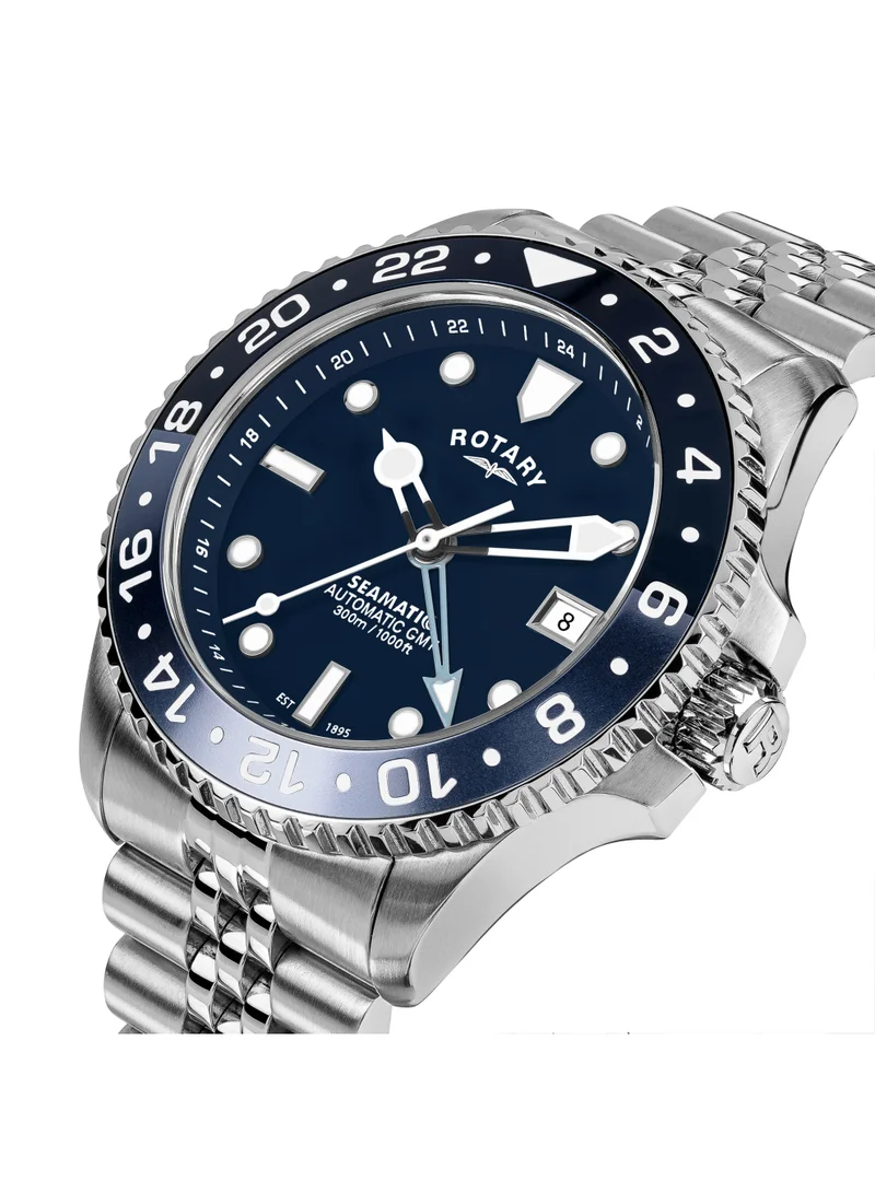 ساعة رجالية روتاري Seamatic GMT 300M مقاومة للماء بمينا أزرق وسوار من الفولاذ المقاوم للصدأ