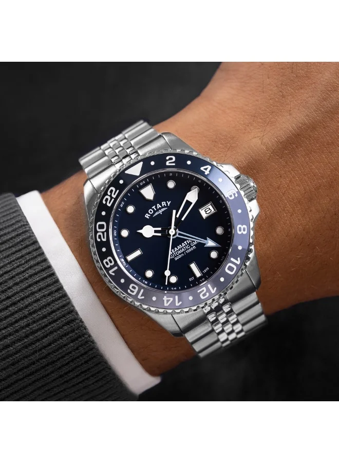 ساعة رجالية روتاري Seamatic GMT 300M مقاومة للماء بمينا أزرق وسوار من الفولاذ المقاوم للصدأ