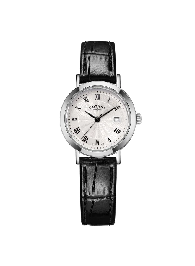 Rotary Ladies Heritage Stainless Steel White Roman Black Leather Watch