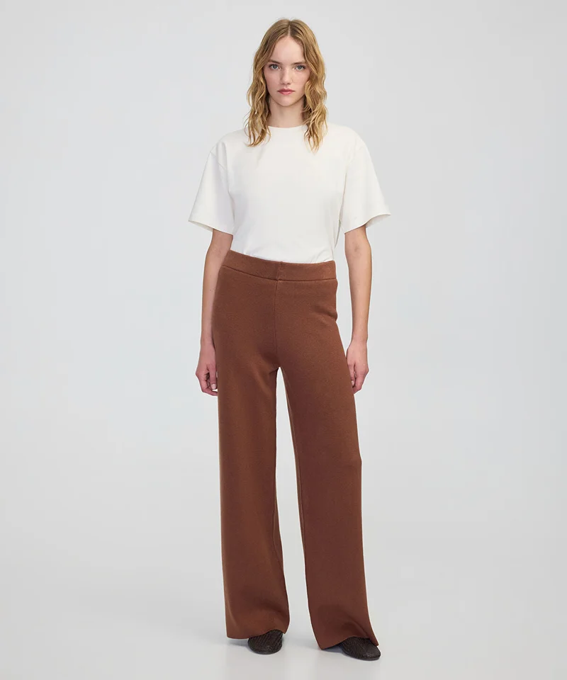 Wide-Leg Knit Trousers Elastic Waist