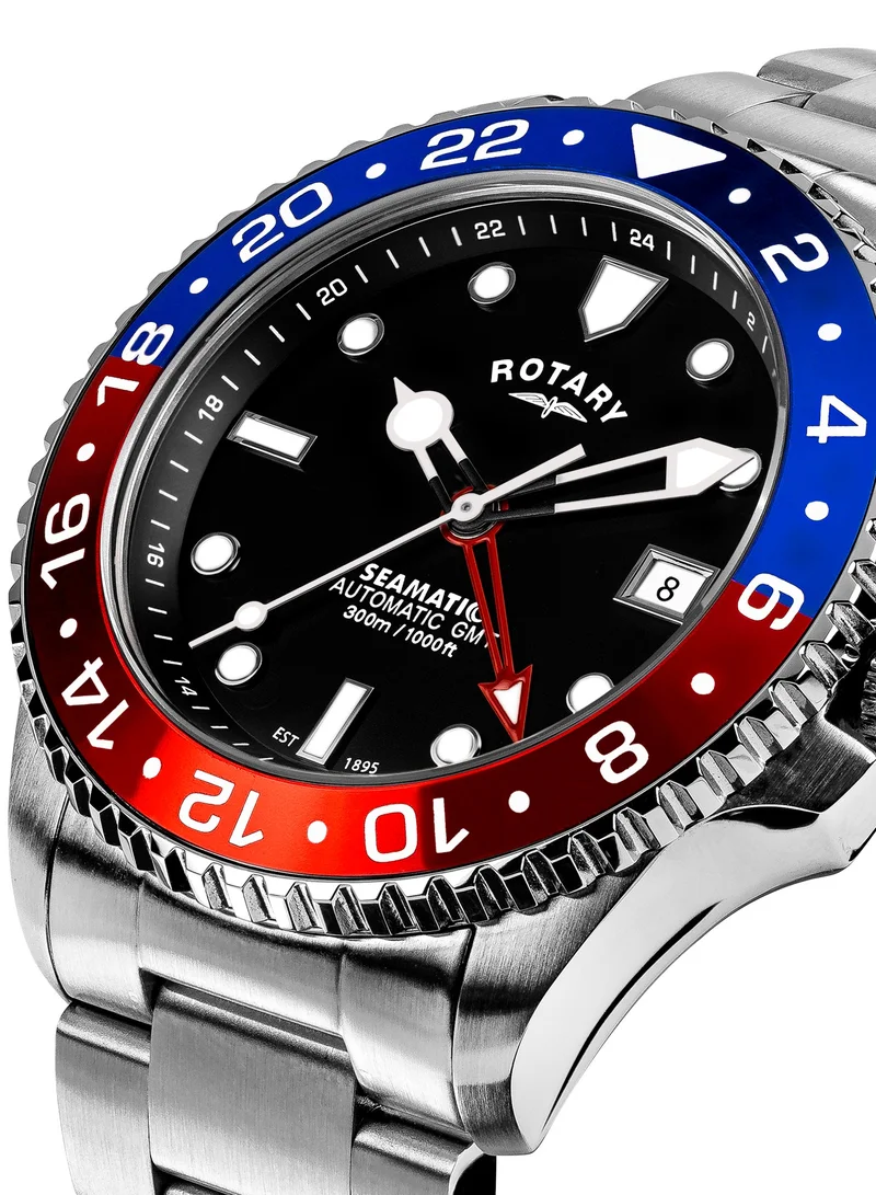 ساعة رجالية روتاري Seamatic GMT 300M مقاومة للماء من الفولاذ المقاوم للصدأ بحزام سيليكون أسود