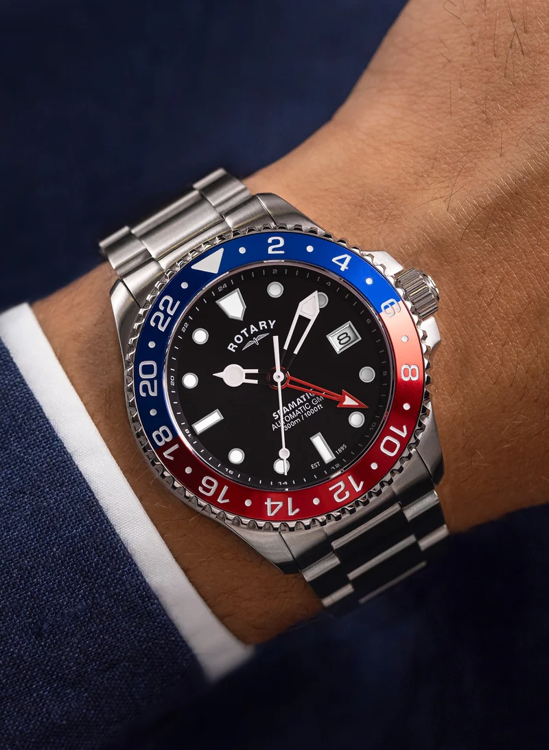 ساعة رجالية روتاري Seamatic GMT 300M مقاومة للماء من الفولاذ المقاوم للصدأ بحزام سيليكون أسود