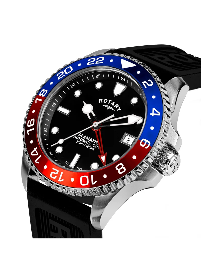 ساعة رجالية روتاري Seamatic GMT 300M مقاومة للماء من الفولاذ المقاوم للصدأ بحزام سيليكون أسود