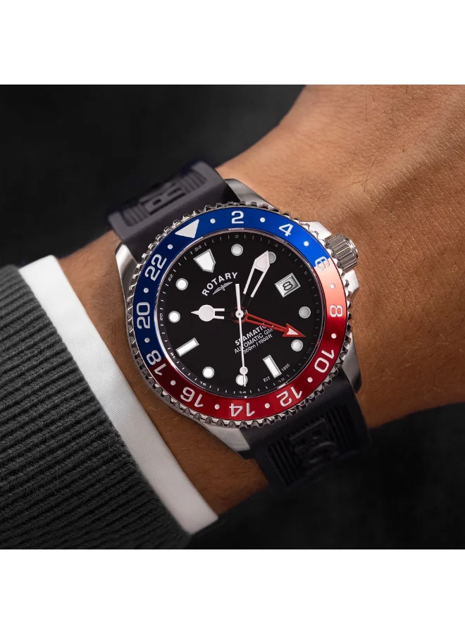 ساعة رجالية روتاري Seamatic GMT 300M مقاومة للماء من الفولاذ المقاوم للصدأ بحزام سيليكون أسود