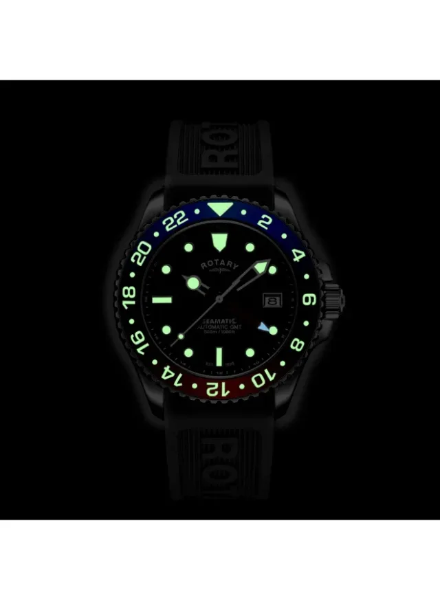 ساعة رجالية روتاري Seamatic GMT 300M مقاومة للماء من الفولاذ المقاوم للصدأ بحزام سيليكون أسود – صورة 5