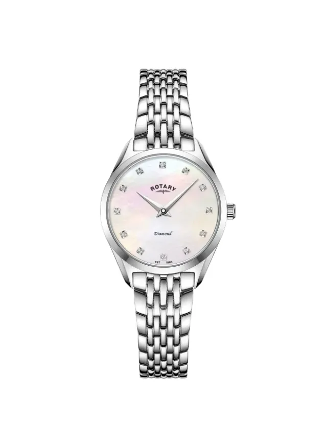 Rotary Women's Ultra Slim Stone Set Stainless Steel Watch, Mother of Pearl