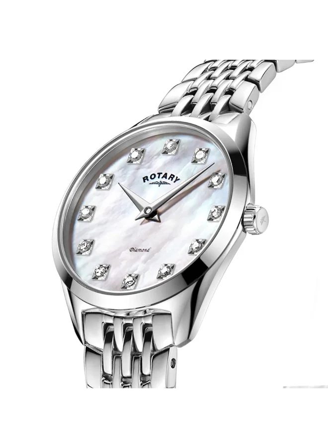 ساعة Rotary Ladie's Ultra Slim Stone مرصعة بسوار من الفولاذ المقاوم للصدأ من عرق اللؤلؤ