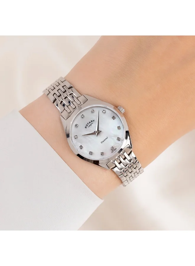 ساعة Rotary Ladie's Ultra Slim Stone مرصعة بسوار من الفولاذ المقاوم للصدأ من عرق اللؤلؤ