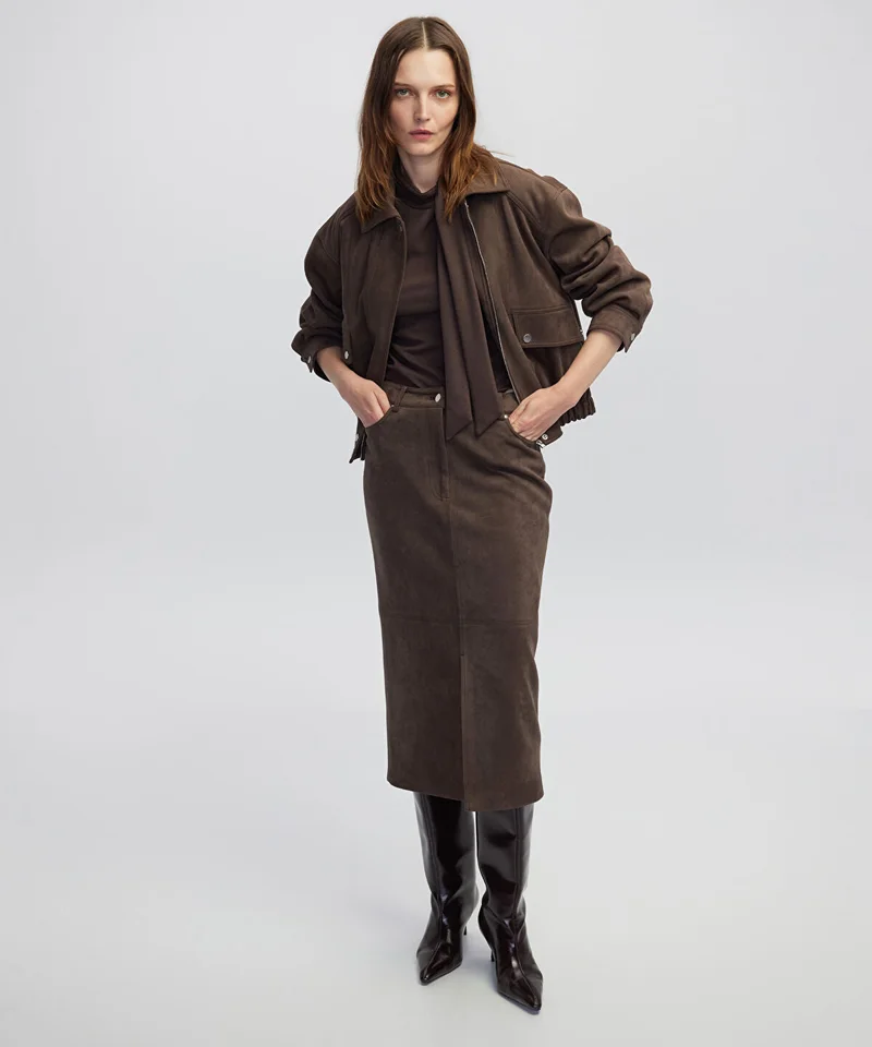 Suede-Effect Midi Skirt