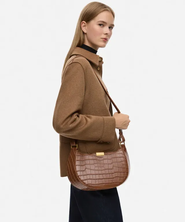 Brown Croc-Effect PU Leather Double-Strap Shoulder Bag – image 3