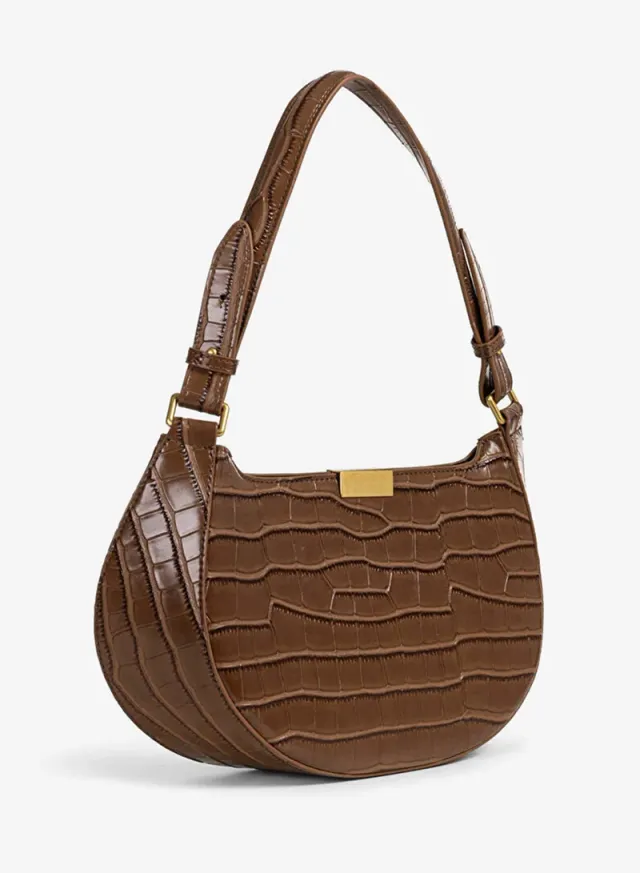 Brown Croc-Effect PU Leather Double-Strap Shoulder Bag – image 4