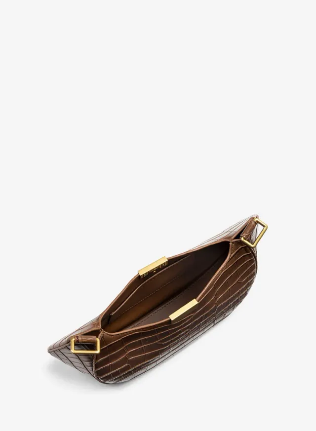 Brown Croc-Effect PU Leather Double-Strap Shoulder Bag – image 5