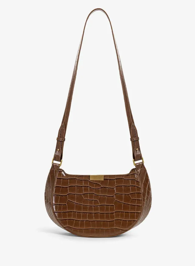 Brown Croc-Effect PU Leather Double-Strap Shoulder Bag – image 6
