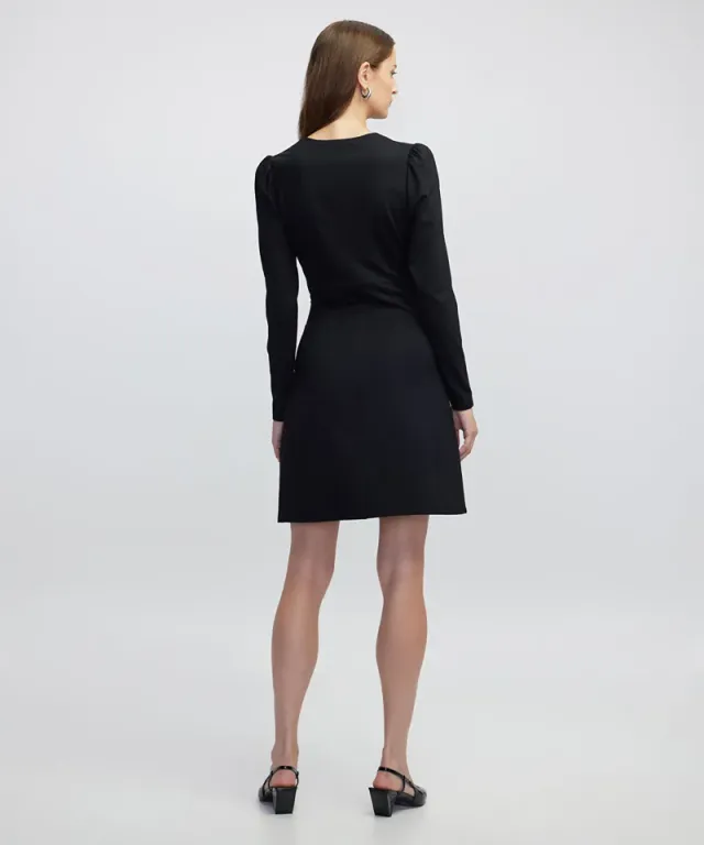 Black V-Neck Long-Sleeve Mini Wrap Dress with Belt – image 4
