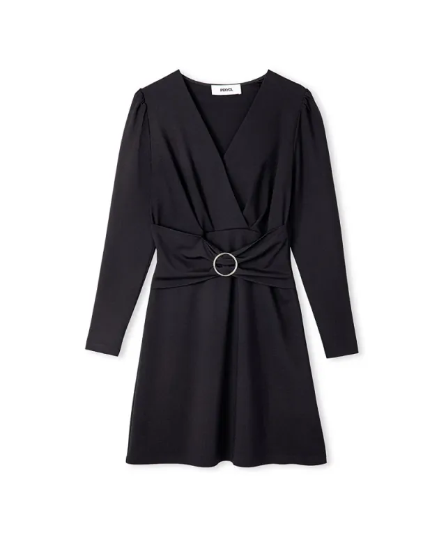 Black V-Neck Long-Sleeve Mini Wrap Dress with Belt – image 5