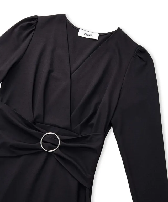 Black V-Neck Long-Sleeve Mini Wrap Dress with Belt – image 6