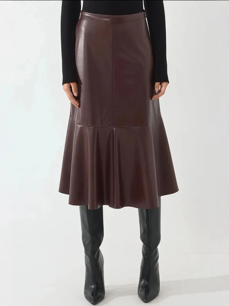 High Waist Faux Leather Midi Skirt
