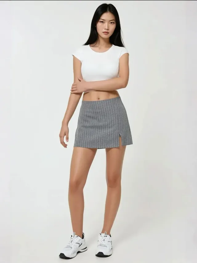 Grey Striped Mini Skort with Slit Detail for Women – image 3