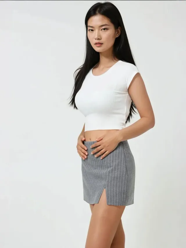 Grey Striped Mini Skort with Slit Detail for Women – image 4