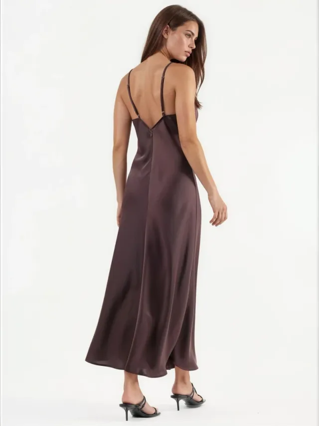 V-Neck Satin A-Line Midi Dress – image 5