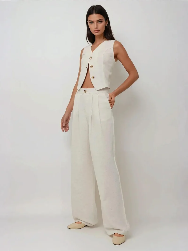 Linen Feel Wide Leg Pleated Pants