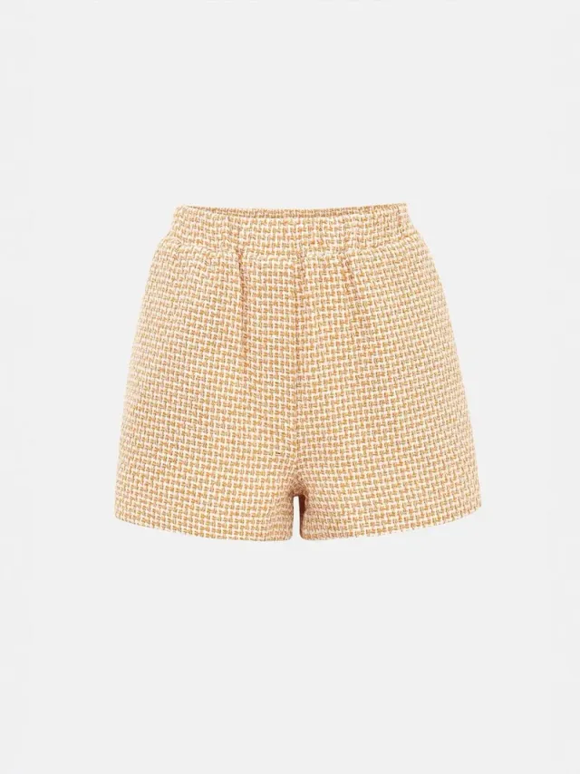 Amber Yellow Checkered Cropped Tweed Shorts for Women – image 2