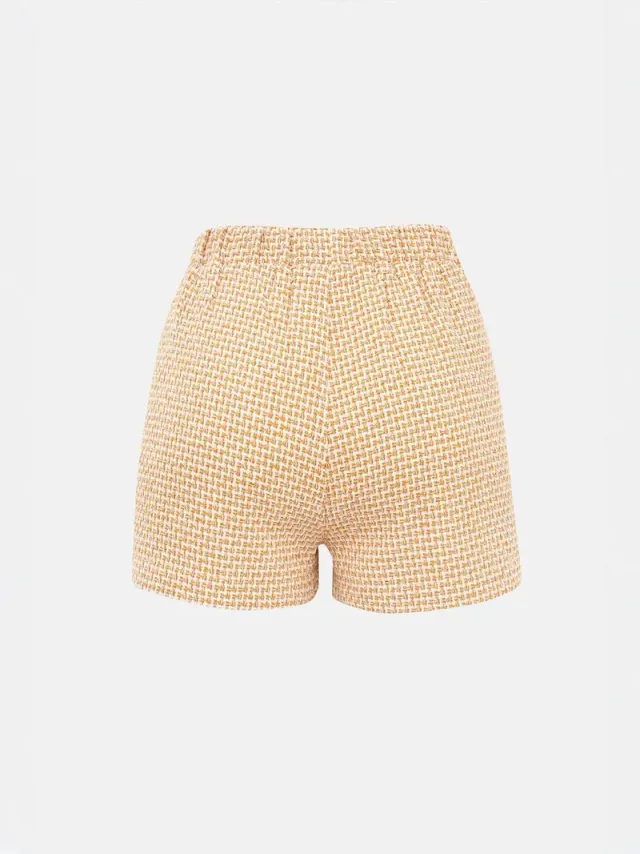 Amber Yellow Checkered Cropped Tweed Shorts for Women – image 3