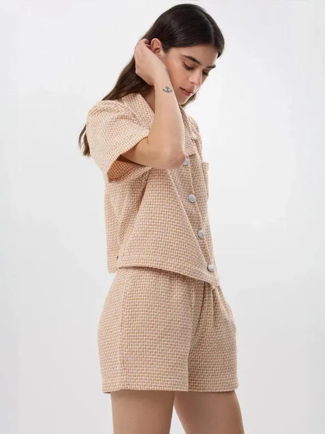 Amber Yellow Checkered Cropped Tweed Shorts for Women – image 5