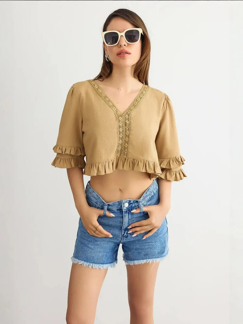 Cropped V-Neck Ruffled Blouse