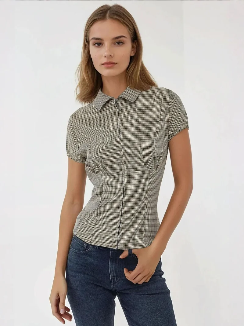 Fitted Plaid Crew Neck Zip Top