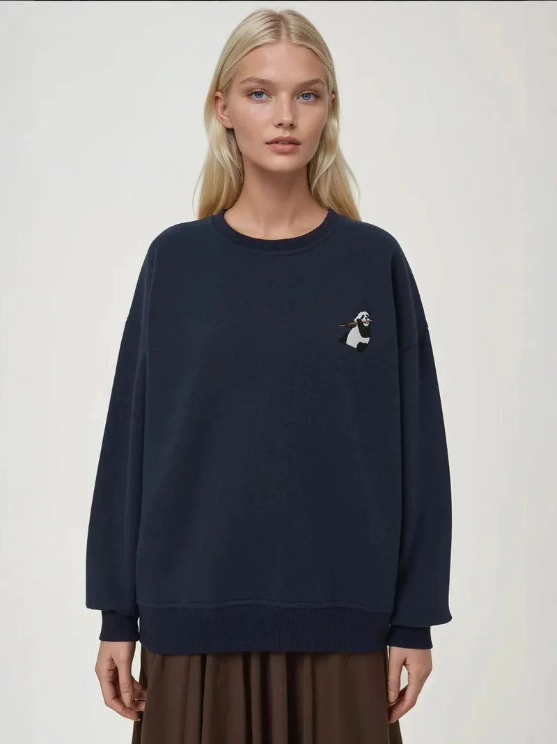 Embroidered Animal Pattern Raised Crewneck Sweatshirt