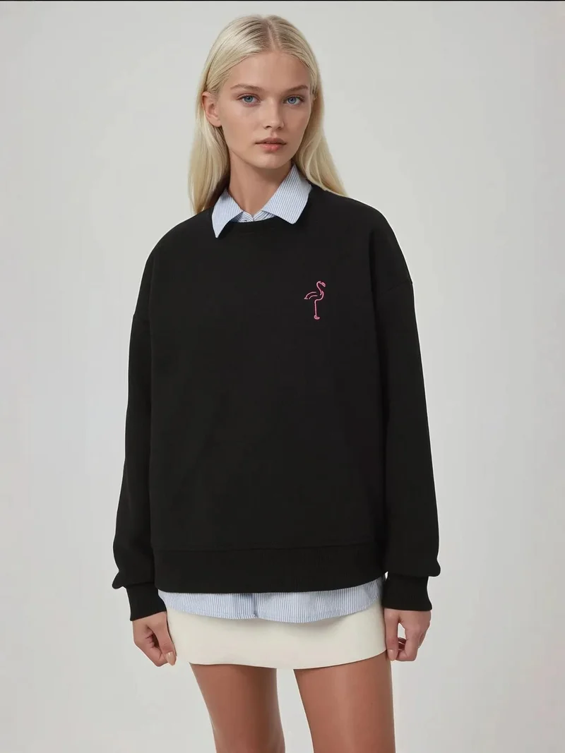Embroidered Animal Pattern Raised Crewneck Sweatshirt