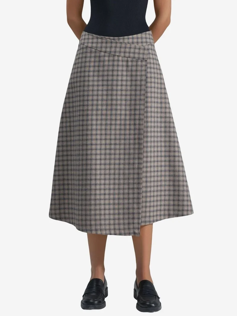 High Waist Plaid Midi Skirt