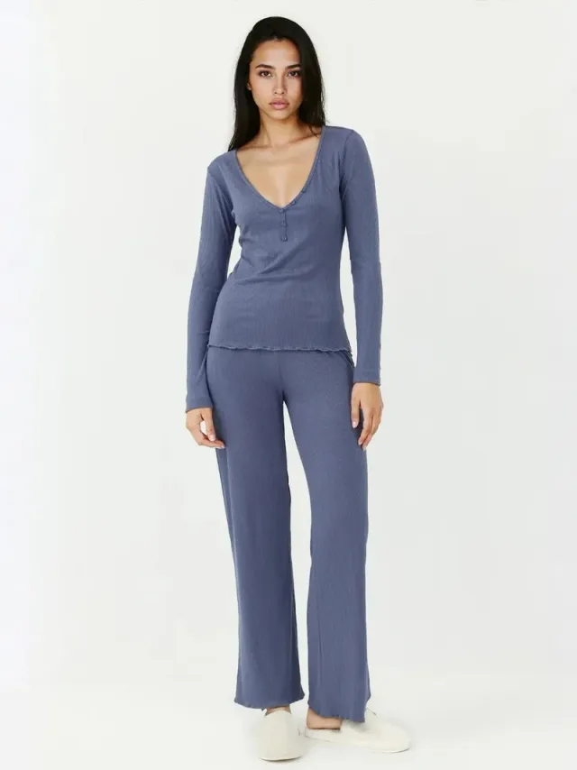 V-neck Wide Leg Pajama Set