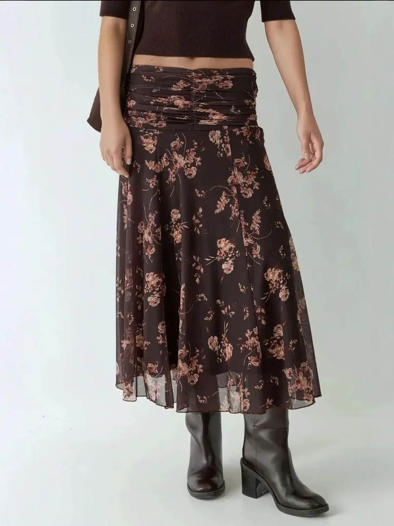 Patterned Ruffle Midi Wrap Skirt