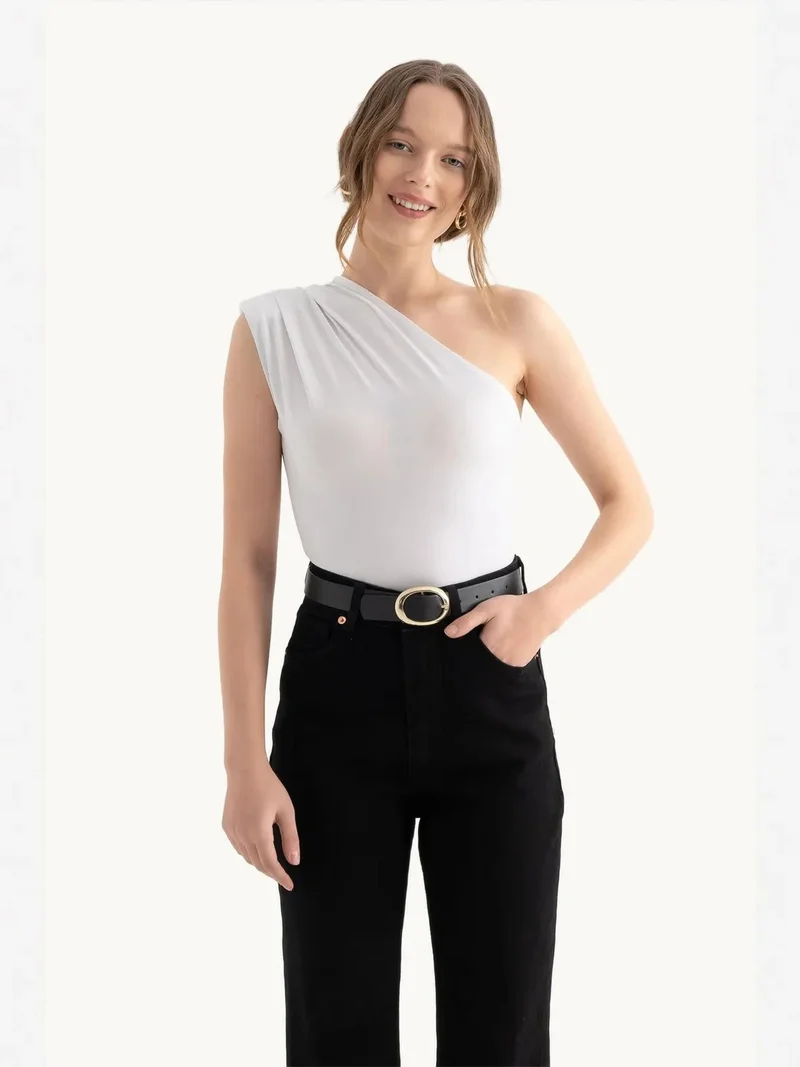 One Shoulder Ruched Cap Sleeve Bodysuit