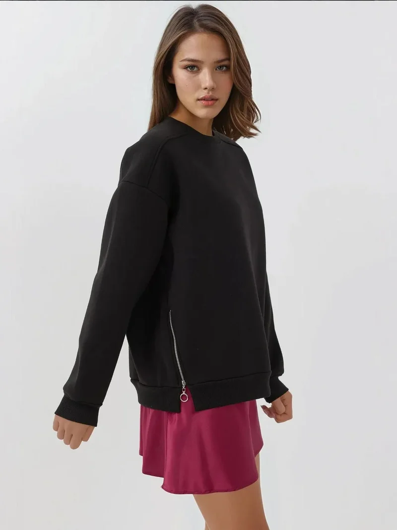 Textured Zipper Crew Neck Sweatshirt